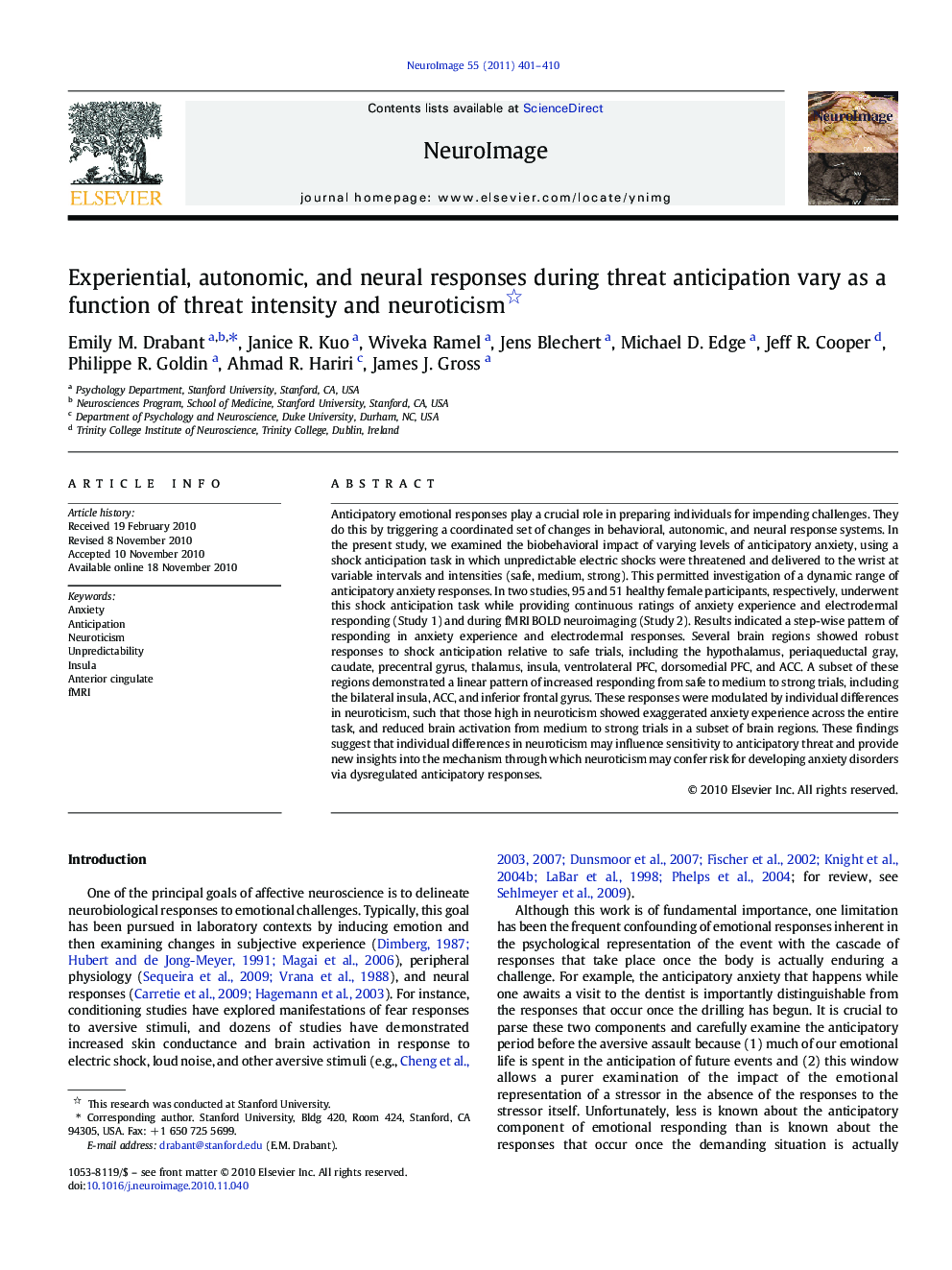 Experiential, autonomic, and neural responses during threat anticipation vary as a function of threat intensity and neuroticism