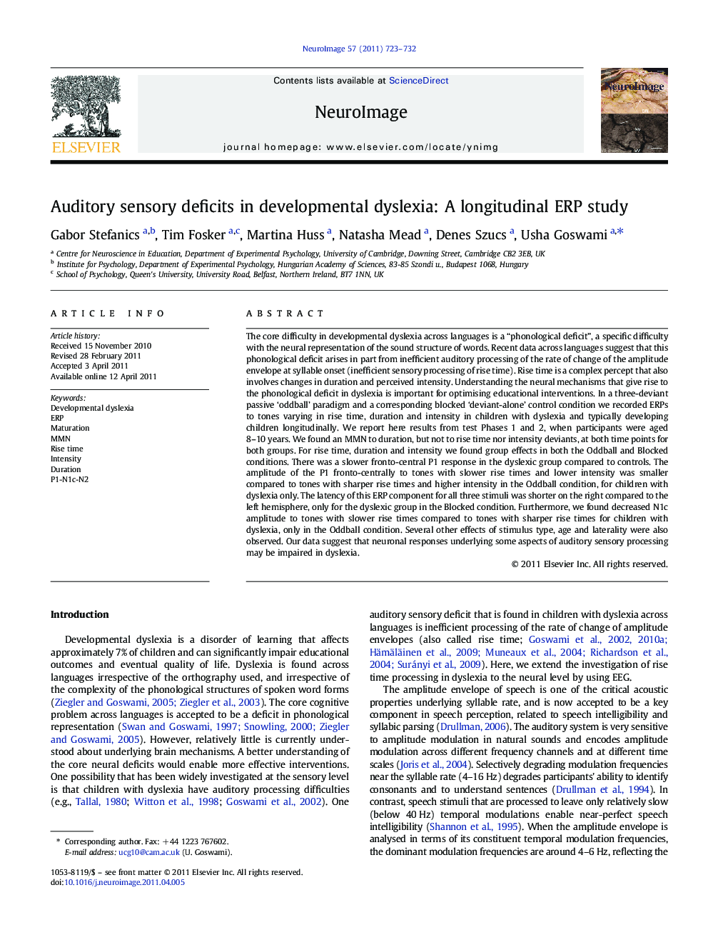 Auditory sensory deficits in developmental dyslexia: A longitudinal ERP study