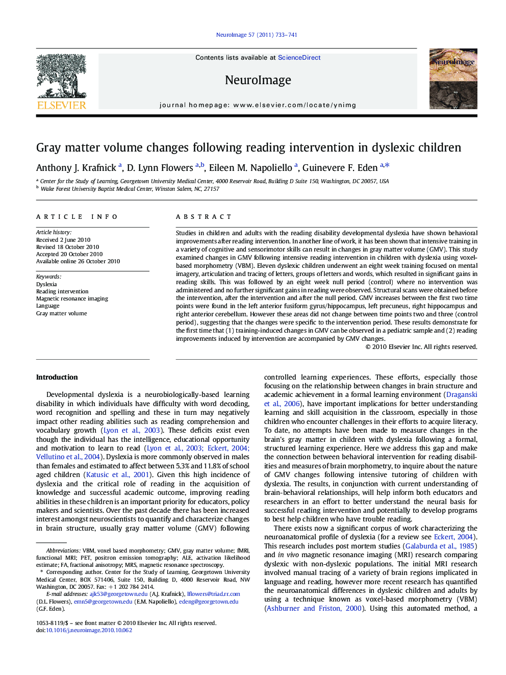 Gray matter volume changes following reading intervention in dyslexic children