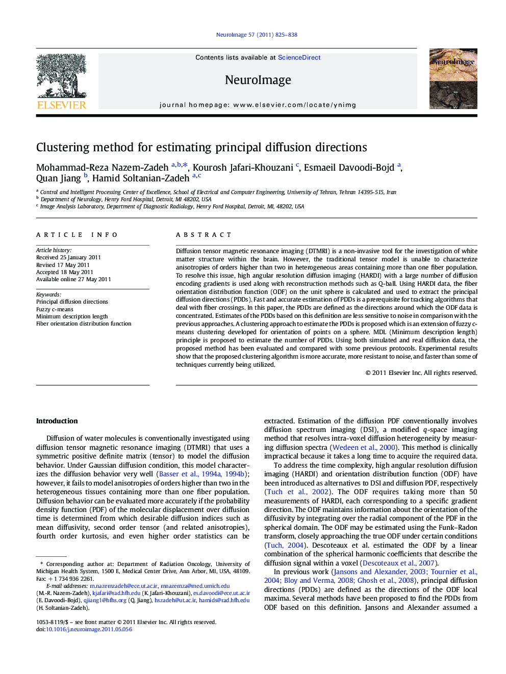 Clustering method for estimating principal diffusion directions