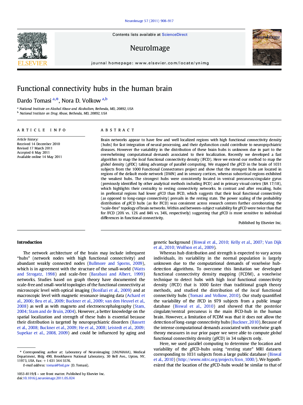 Functional connectivity hubs in the human brain