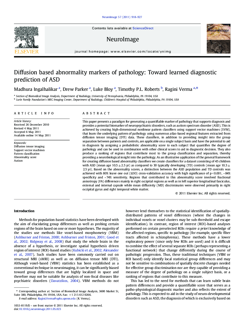 Diffusion based abnormality markers of pathology: Toward learned diagnostic prediction of ASD