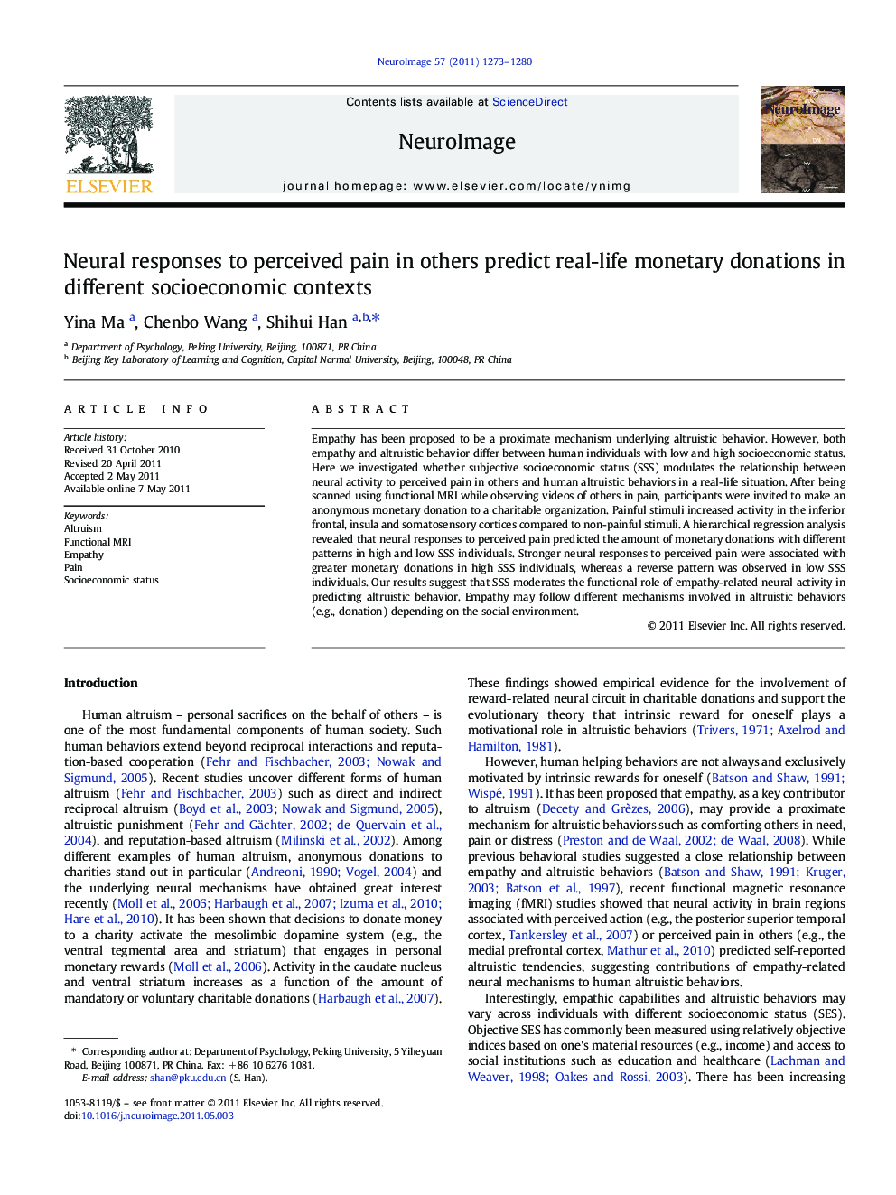 Neural responses to perceived pain in others predict real-life monetary donations in different socioeconomic contexts