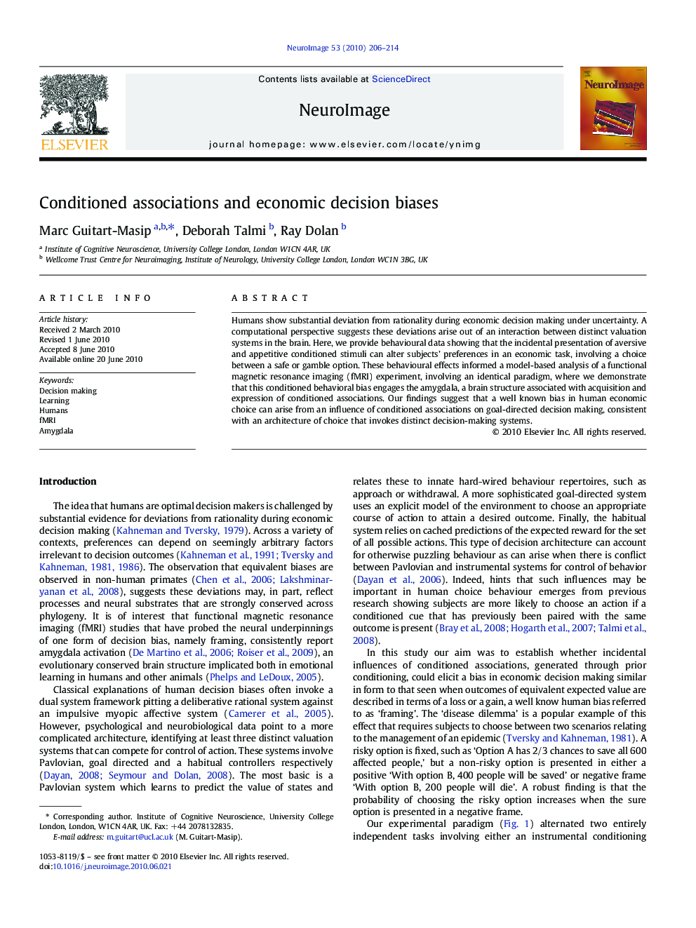 Conditioned associations and economic decision biases