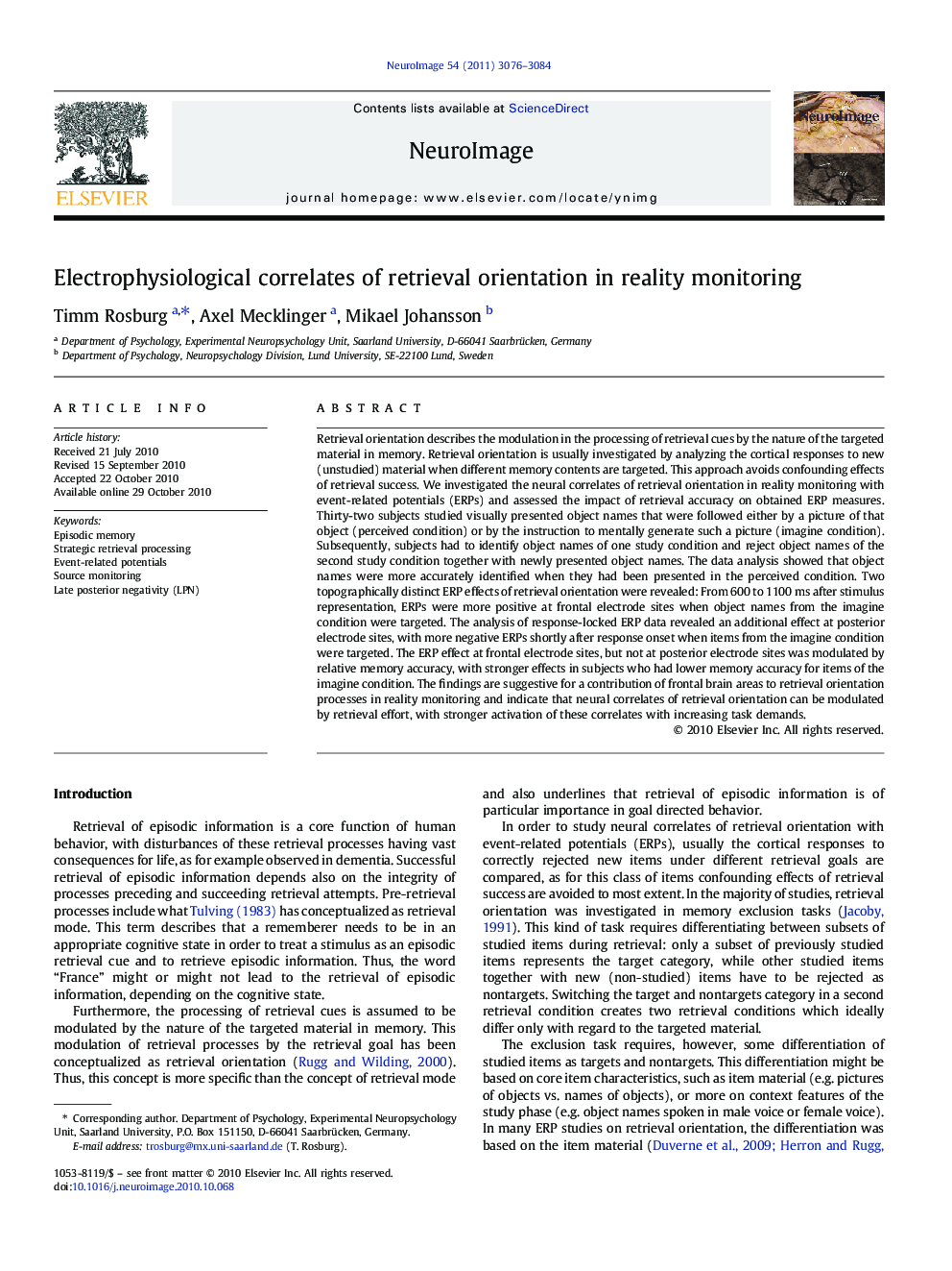 Electrophysiological correlates of retrieval orientation in reality monitoring