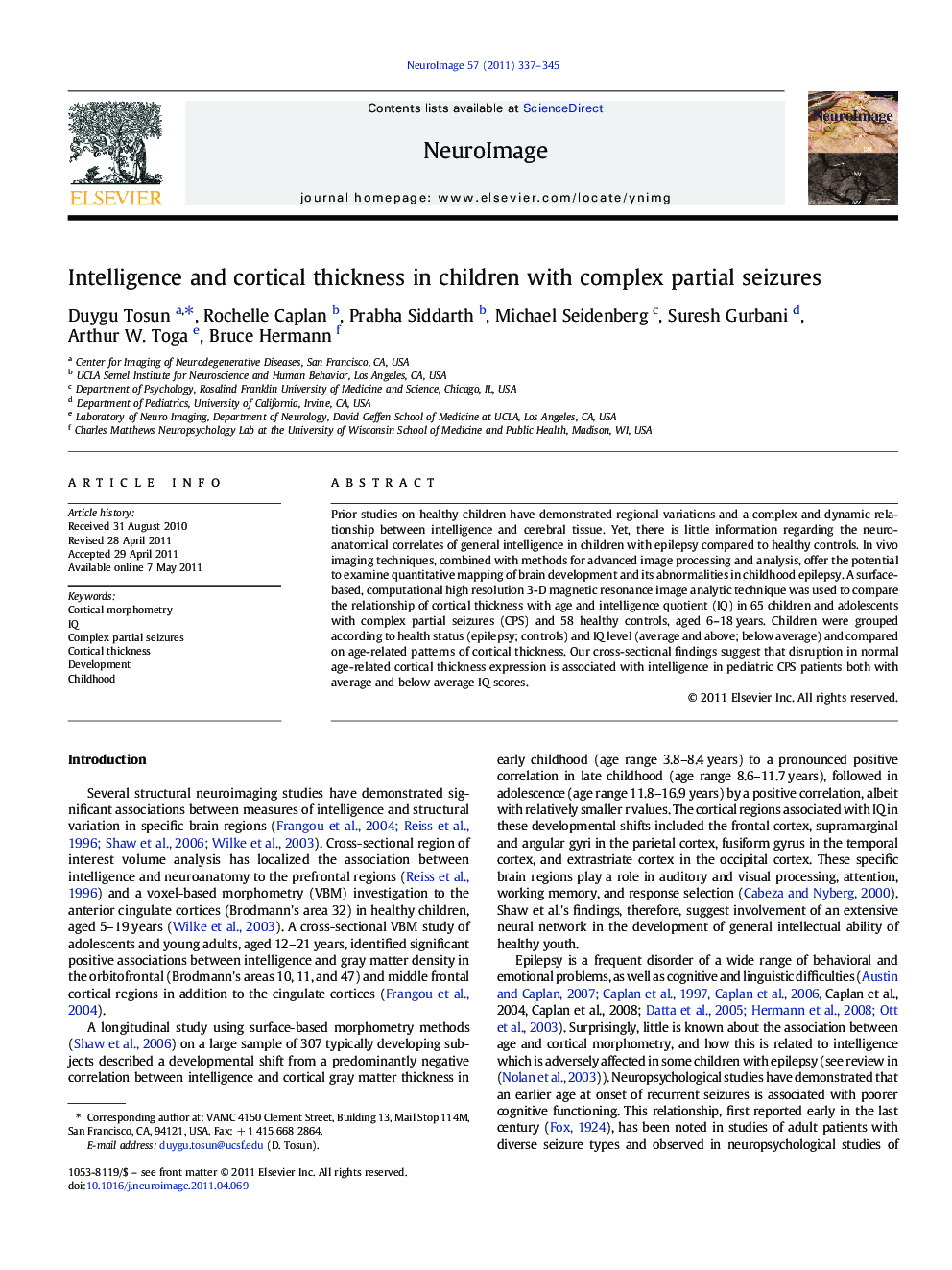 Intelligence and cortical thickness in children with complex partial seizures