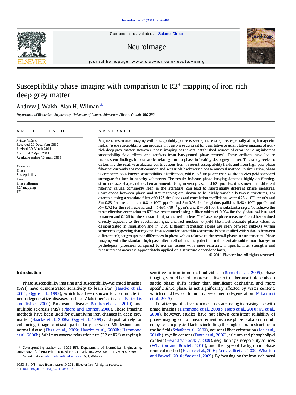 Susceptibility phase imaging with comparison to R2* mapping of iron-rich deep grey matter