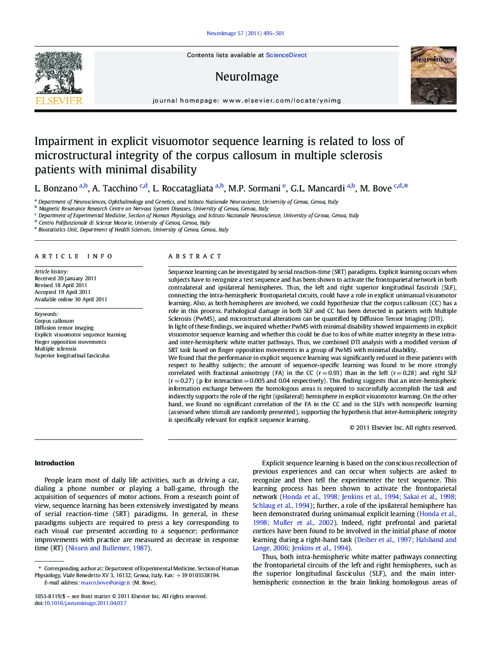 Impairment in explicit visuomotor sequence learning is related to loss of microstructural integrity of the corpus callosum in multiple sclerosis patients with minimal disability