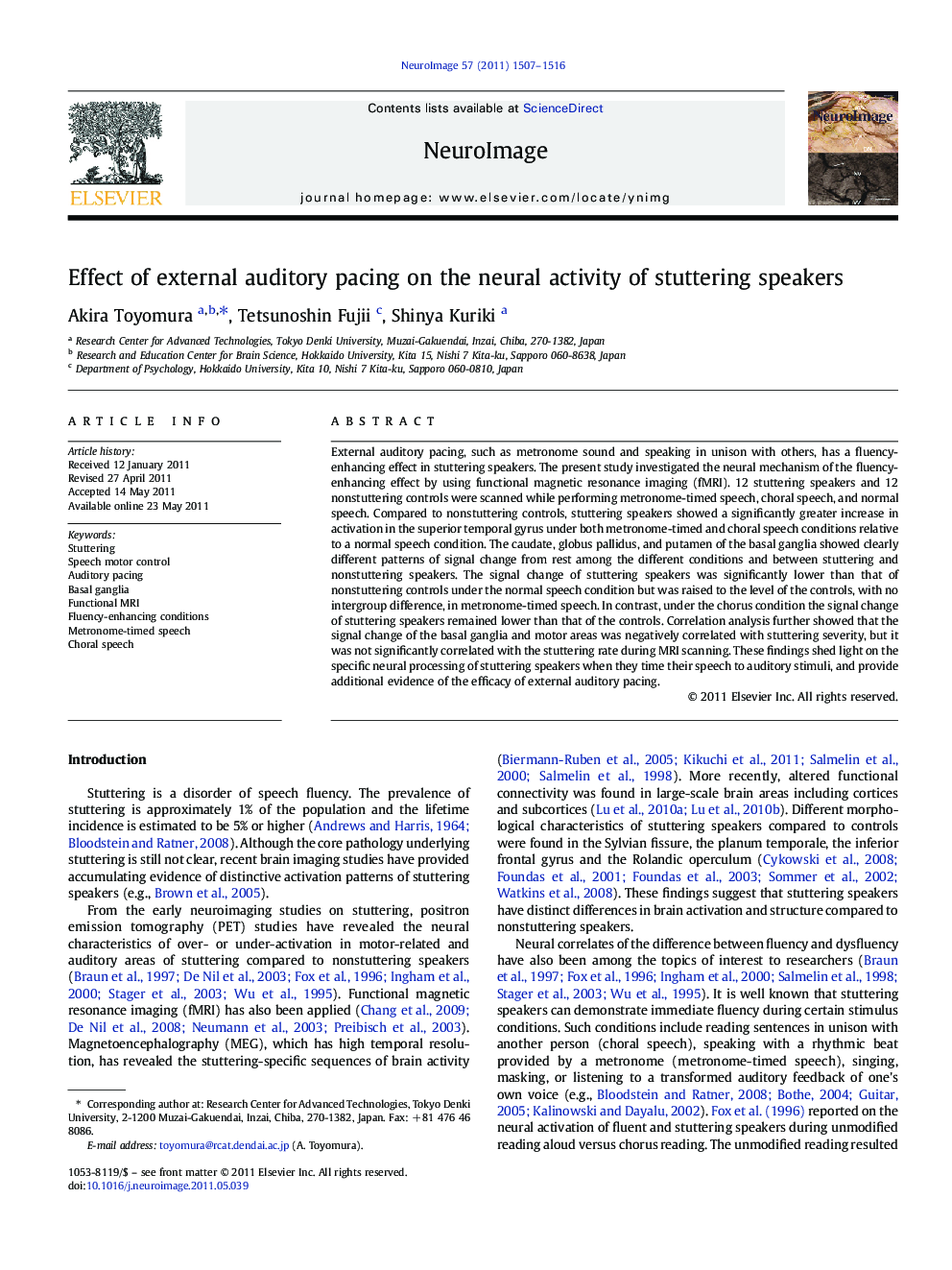 Effect of external auditory pacing on the neural activity of stuttering speakers