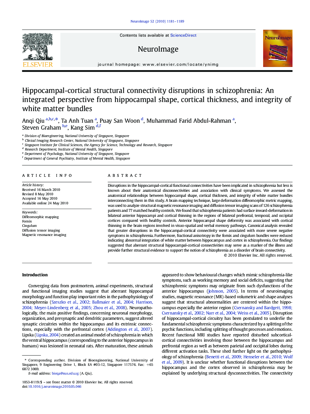 Hippocampal-cortical structural connectivity disruptions in schizophrenia: An integrated perspective from hippocampal shape, cortical thickness, and integrity of white matter bundles