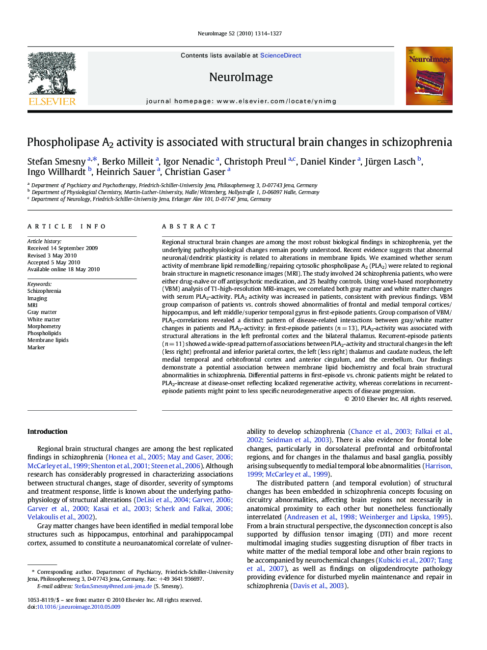 Phospholipase A2 activity is associated with structural brain changes in schizophrenia