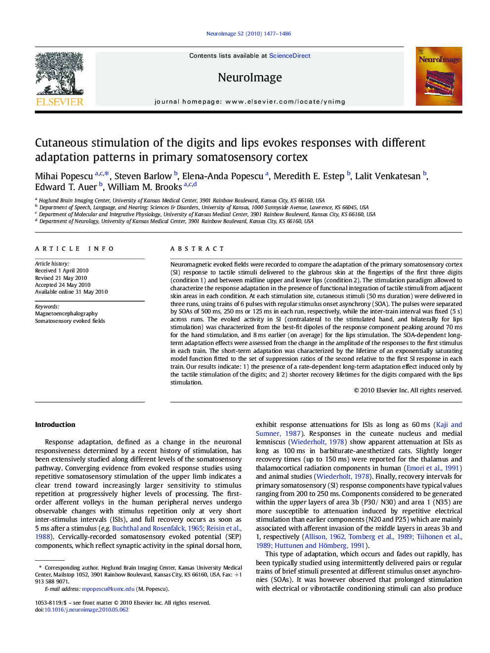 Cutaneous stimulation of the digits and lips evokes responses with different adaptation patterns in primary somatosensory cortex