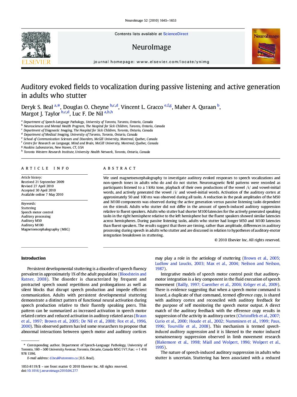 Auditory evoked fields to vocalization during passive listening and active generation in adults who stutter