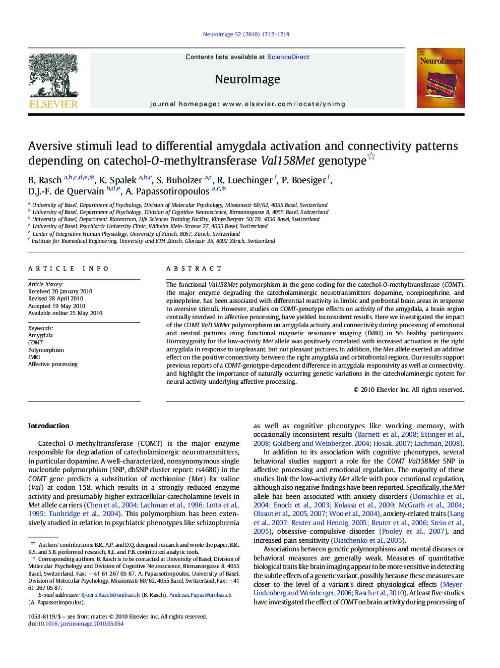 Aversive stimuli lead to differential amygdala activation and connectivity patterns depending on catechol-O-methyltransferase Val158Met genotype