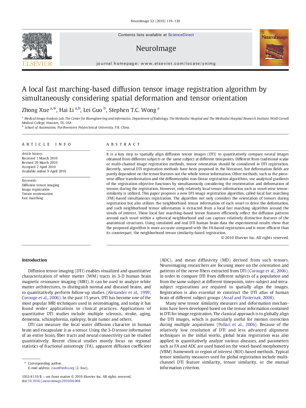 A local fast marching-based diffusion tensor image registration algorithm by simultaneously considering spatial deformation and tensor orientation