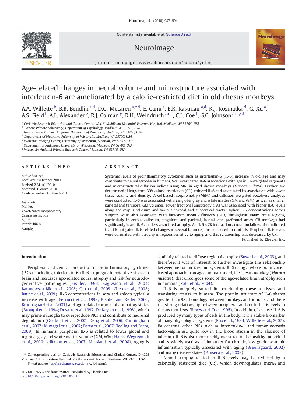 Age-related changes in neural volume and microstructure associated with interleukin-6 are ameliorated by a calorie-restricted diet in old rhesus monkeys