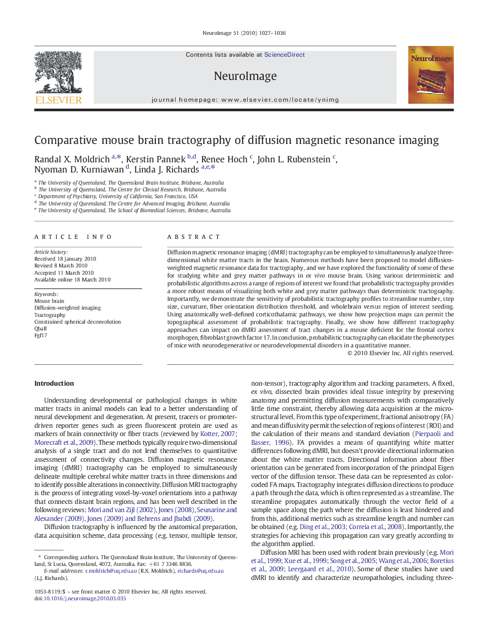 Comparative mouse brain tractography of diffusion magnetic resonance imaging