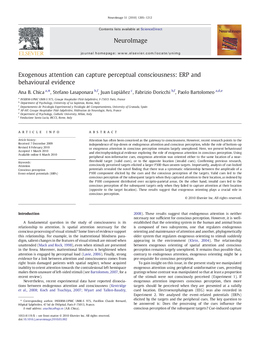 Exogenous attention can capture perceptual consciousness: ERP and behavioural evidence