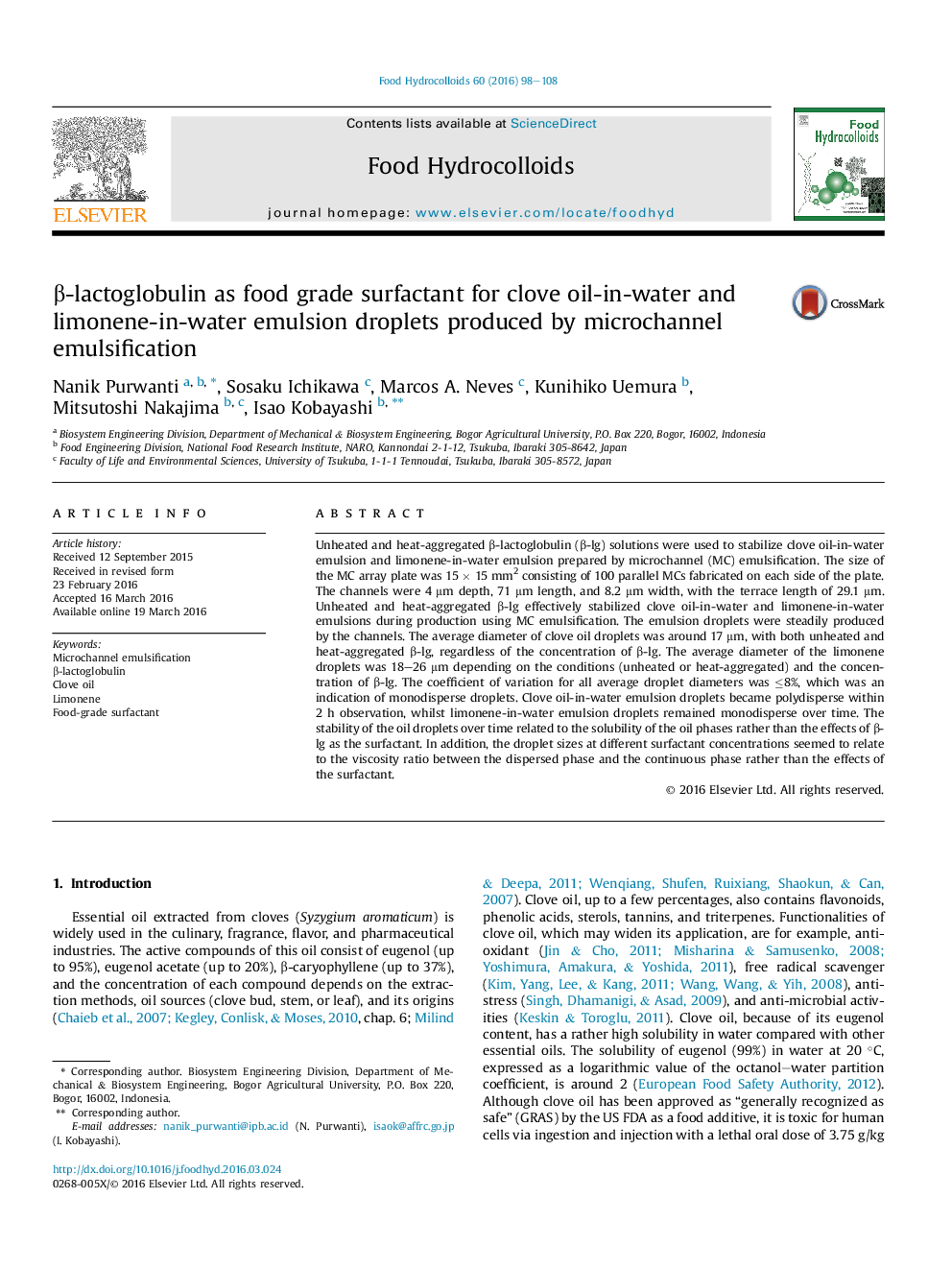 β-lactoglobulin as food grade surfactant for clove oil-in-water and limonene-in-water emulsion droplets produced by microchannel emulsification