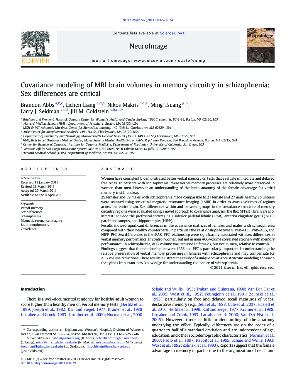 Covariance modeling of MRI brain volumes in memory circuitry in schizophrenia: Sex differences are critical