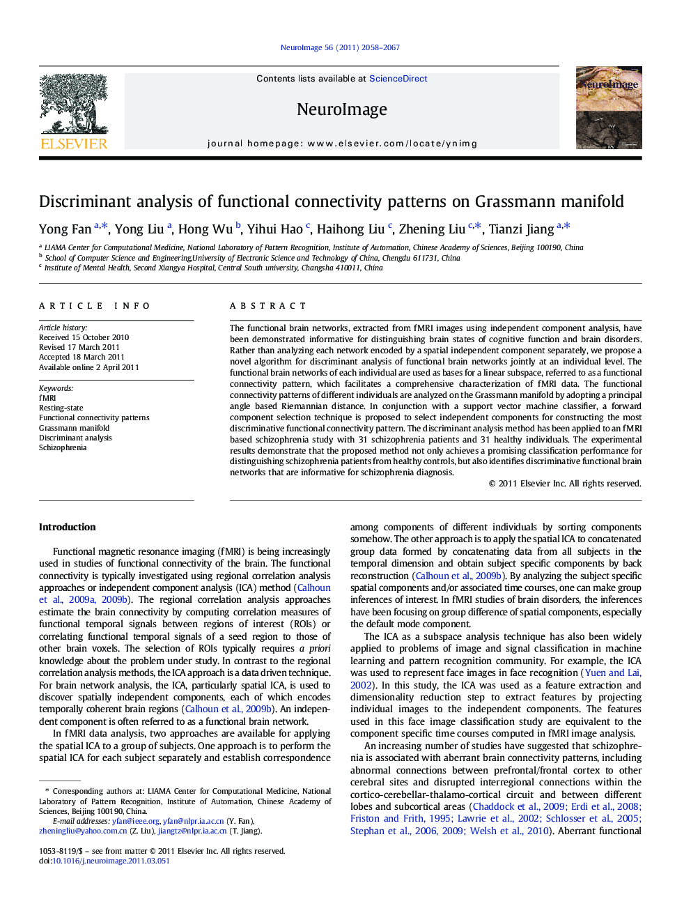 Discriminant analysis of functional connectivity patterns on Grassmann manifold