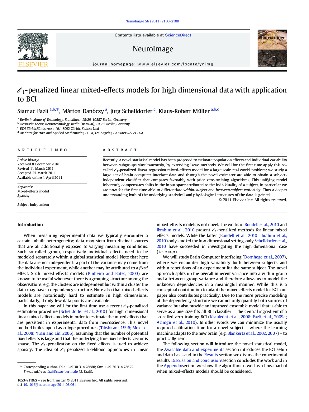 â1-penalized linear mixed-effects models for high dimensional data with application to BCI