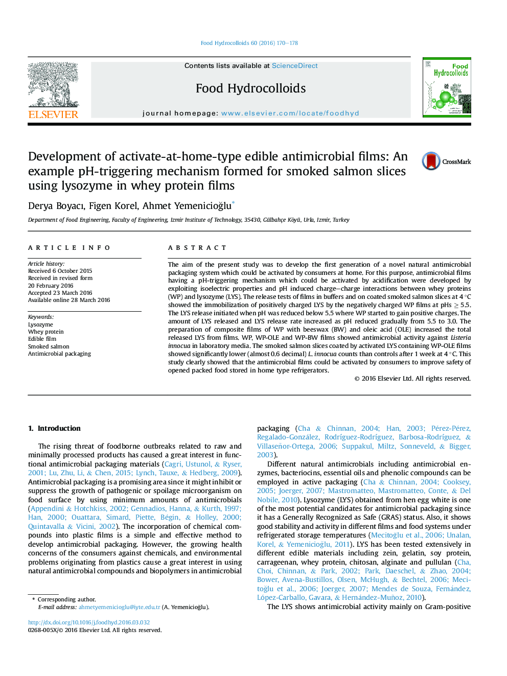 Development of activate-at-home-type edible antimicrobial films: An example pH-triggering mechanism formed for smoked salmon slices using lysozyme in whey protein films