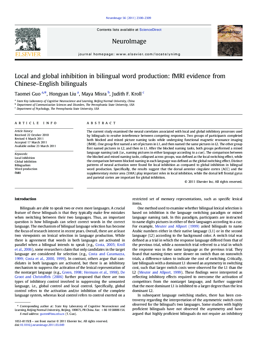 Local and global inhibition in bilingual word production: fMRI evidence from Chinese-English bilinguals