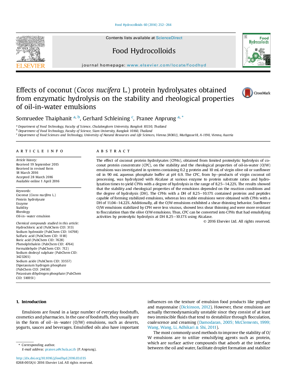 Effects of coconut (Cocos nucifera L.) protein hydrolysates obtained from enzymatic hydrolysis on the stability and rheological properties of oil-in-water emulsions