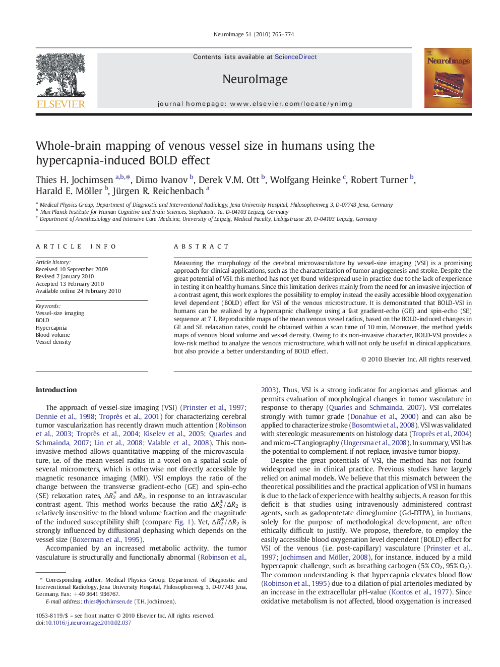 Whole-brain mapping of venous vessel size in humans using the hypercapnia-induced BOLD effect