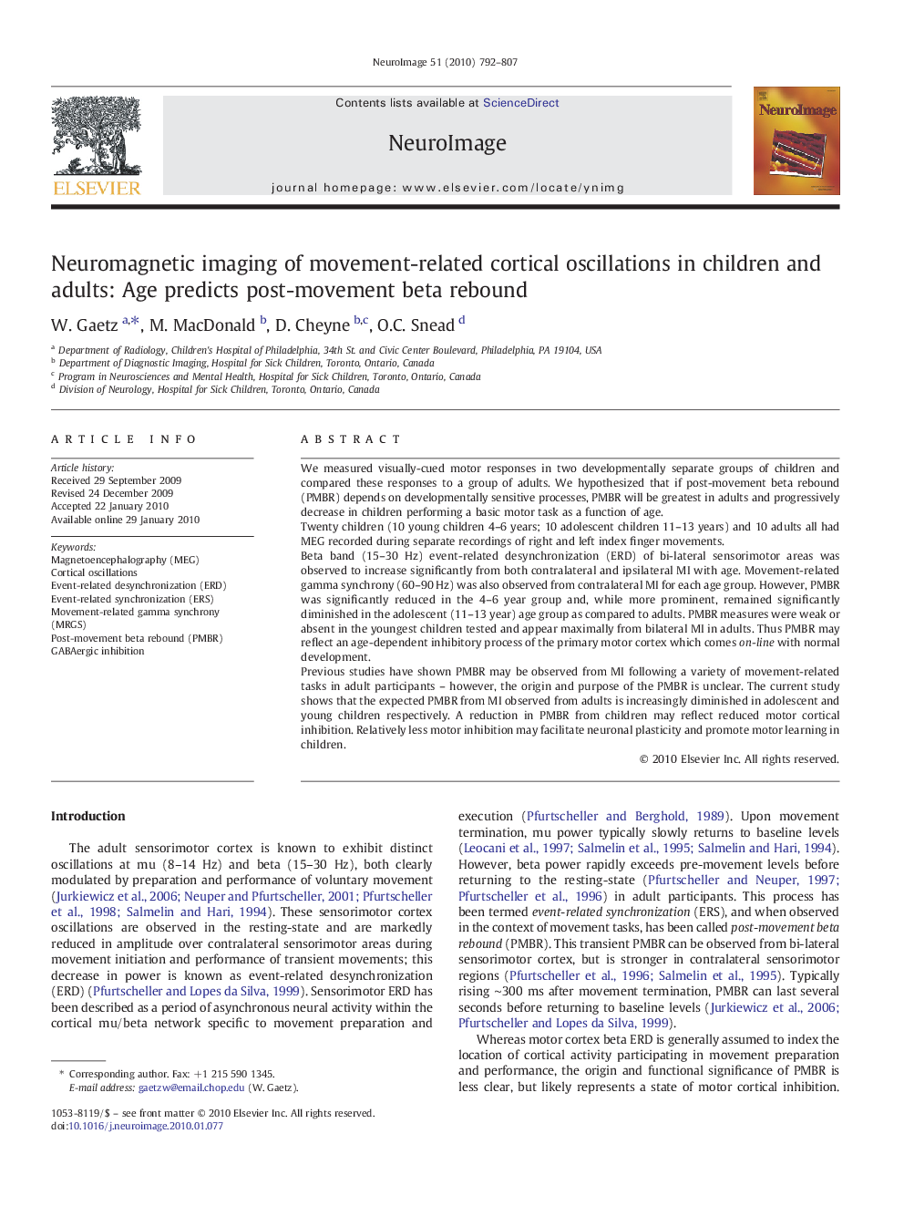 Neuromagnetic imaging of movement-related cortical oscillations in children and adults: Age predicts post-movement beta rebound