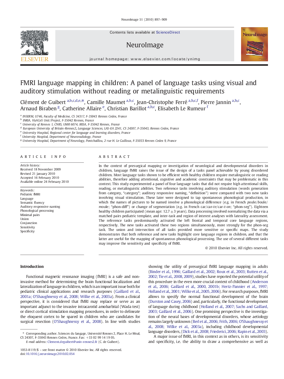 FMRI language mapping in children: A panel of language tasks using visual and auditory stimulation without reading or metalinguistic requirements