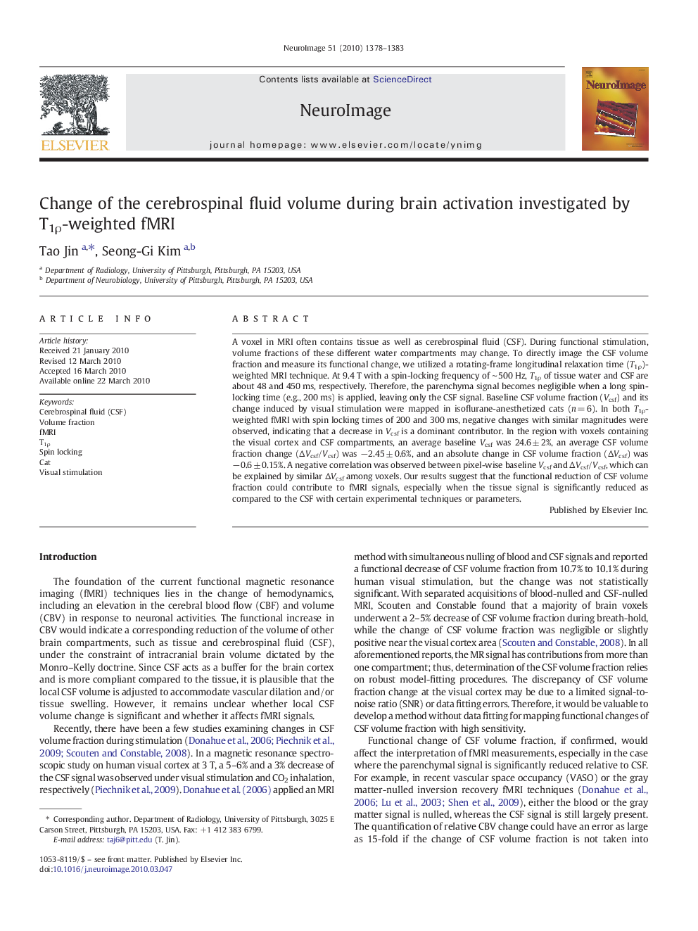 Change of the cerebrospinal fluid volume during brain activation investigated by T1Ï-weighted fMRI