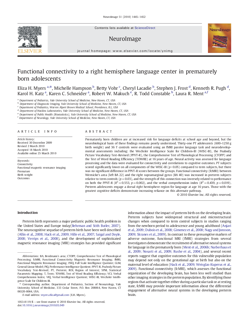 Functional connectivity to a right hemisphere language center in prematurely born adolescents