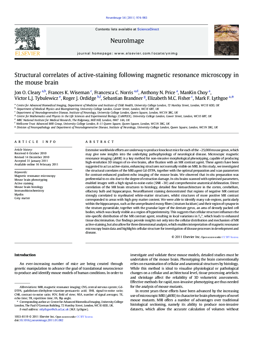 Structural correlates of active-staining following magnetic resonance microscopy in the mouse brain