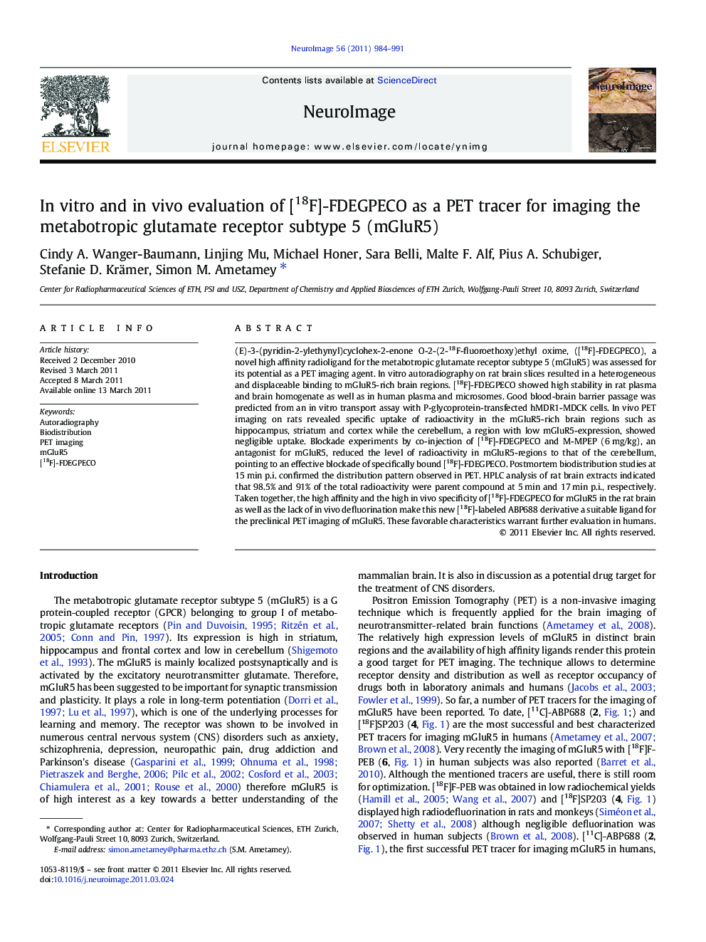 In vitro and in vivo evaluation of [18F]-FDEGPECO as a PET tracer for imaging the metabotropic glutamate receptor subtype 5 (mGluR5)