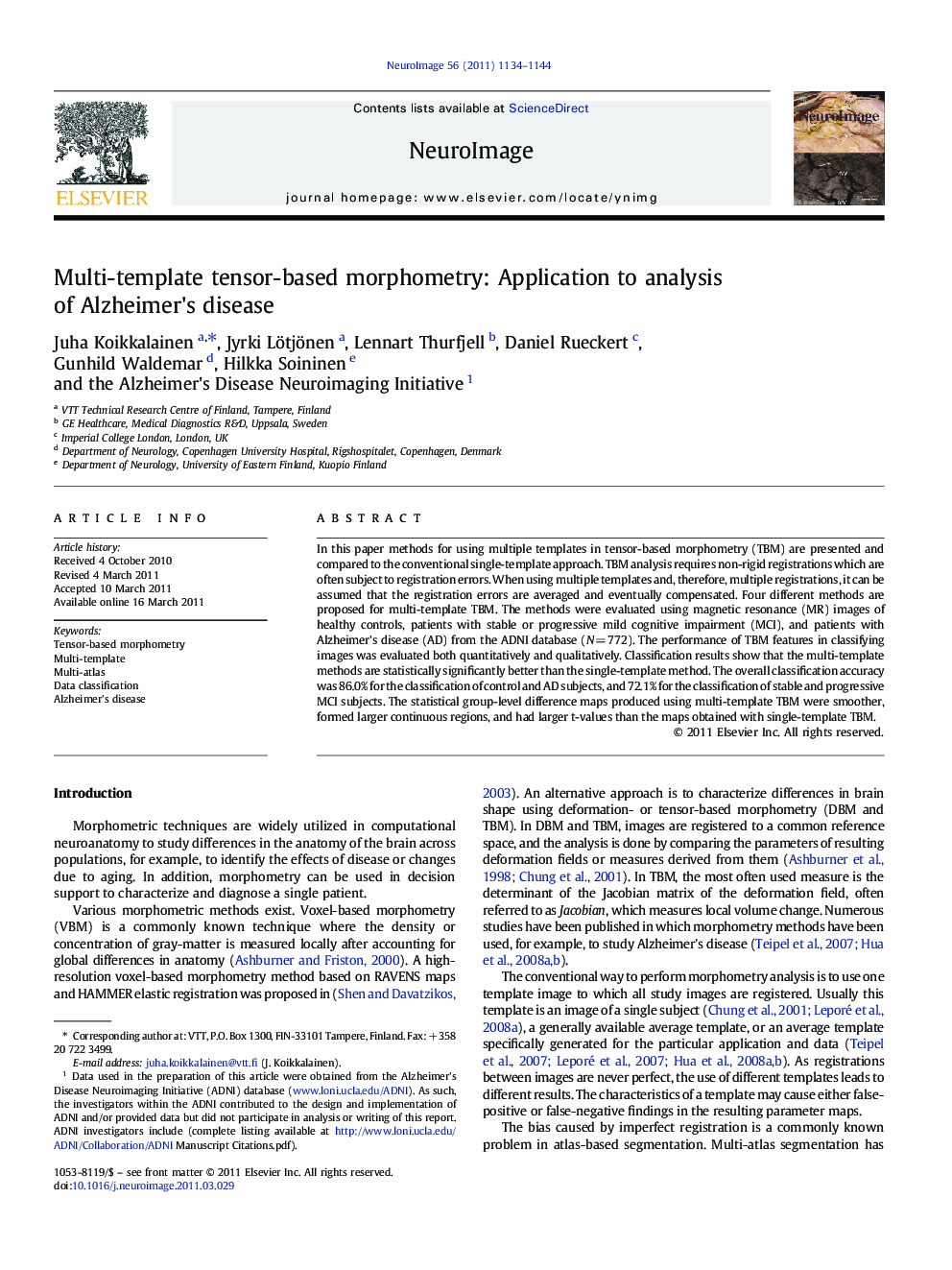 عکس صفحه اول مقاله: Multi-template tensor-based morphometry: Application to analysis of Alzheimer's disease Multi-template tensor-based morphometry: Application to analysis of Alzheimer's disease