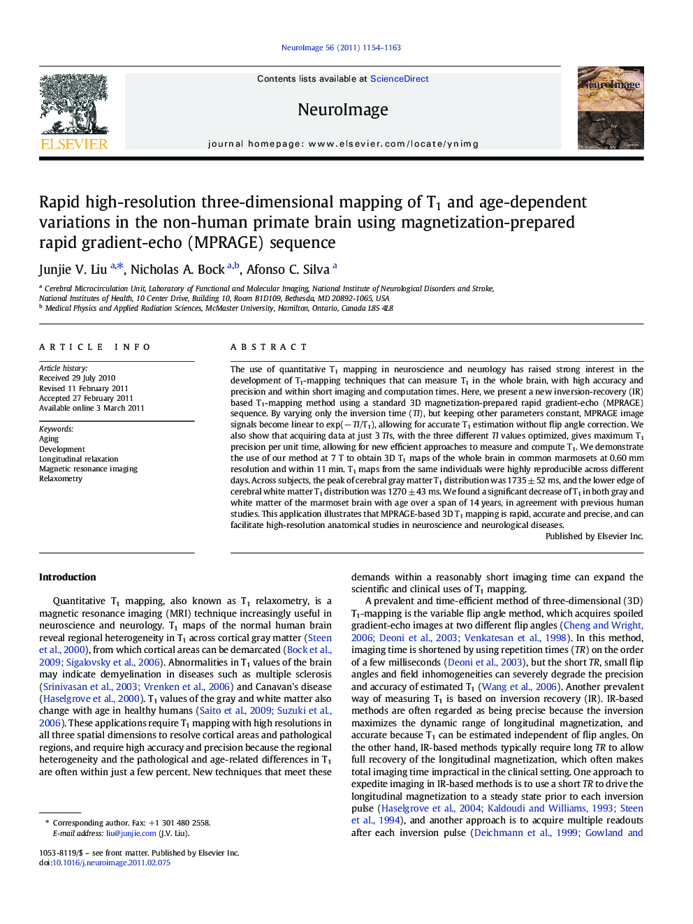 Rapid high-resolution three-dimensional mapping of T1 and age-dependent variations in the non-human primate brain using magnetization-prepared rapid gradient-echo (MPRAGE) sequence