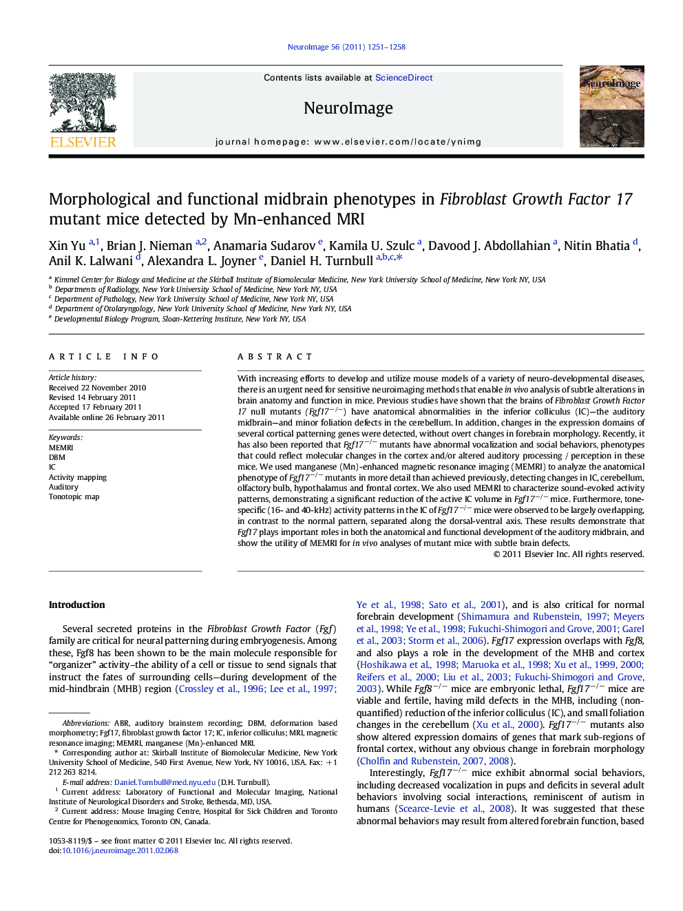 Morphological and functional midbrain phenotypes in Fibroblast Growth Factor 17 mutant mice detected by Mn-enhanced MRI