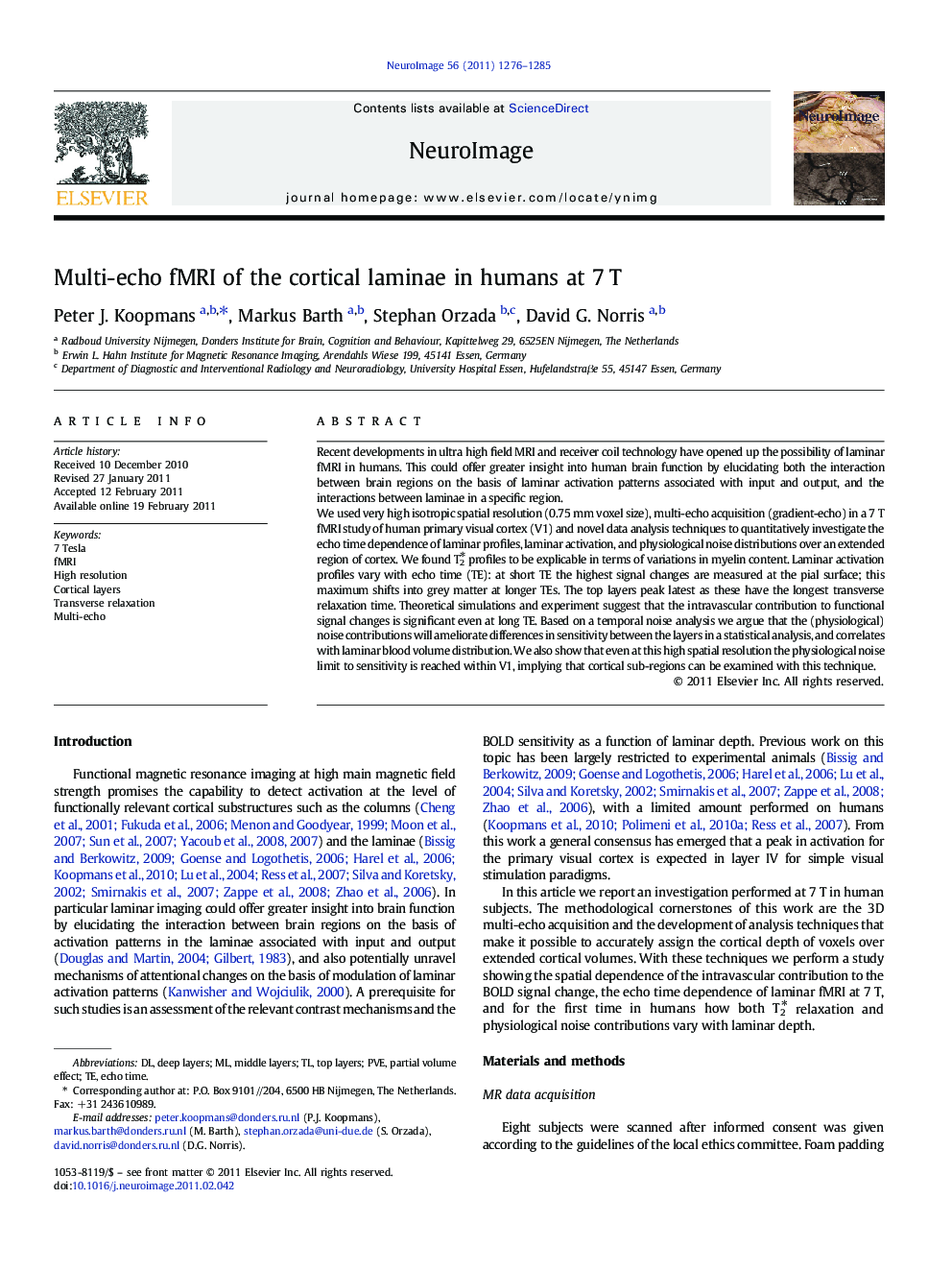 Multi-echo fMRI of the cortical laminae in humans at 7Â T