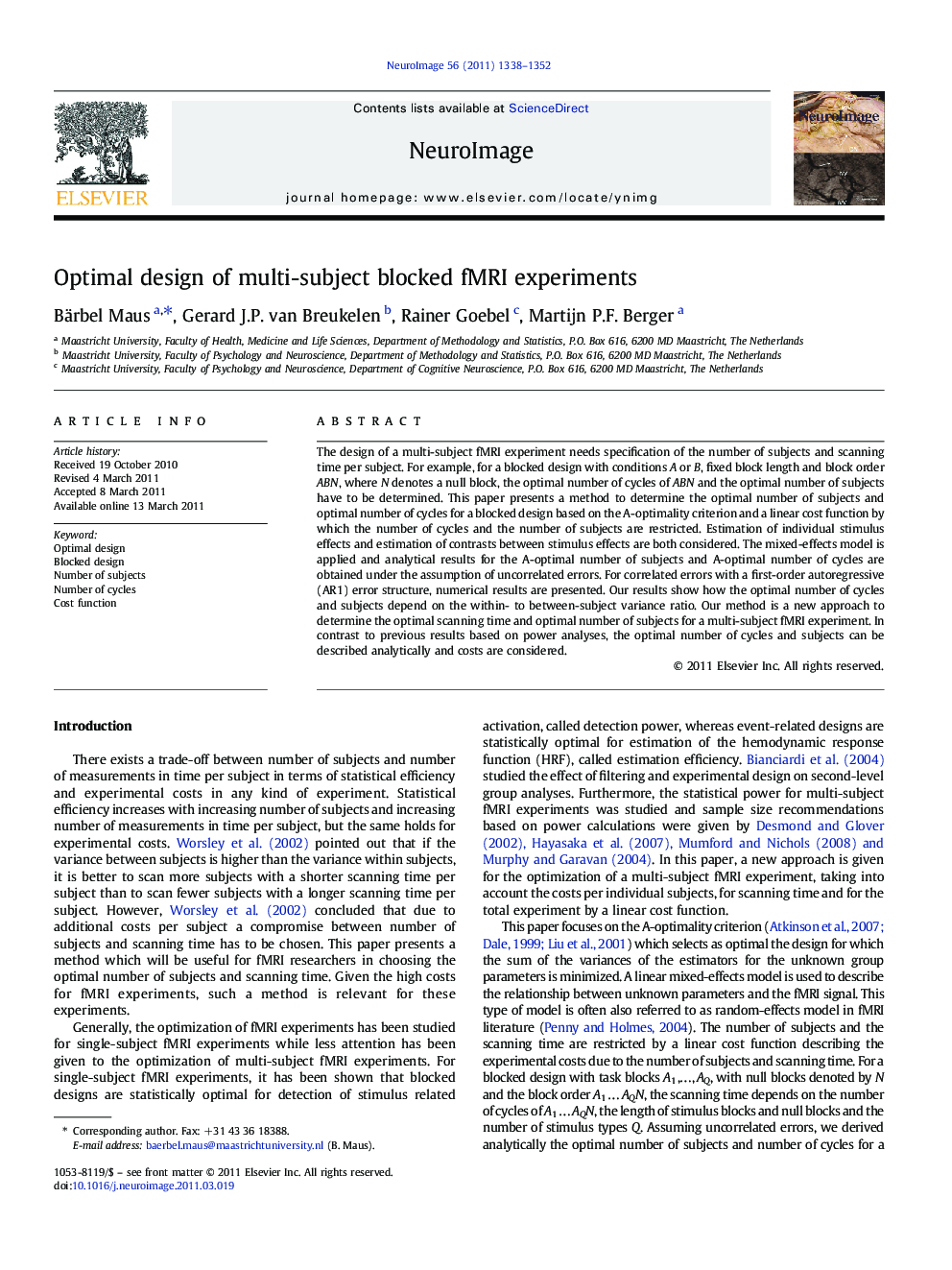 Optimal design of multi-subject blocked fMRI experiments