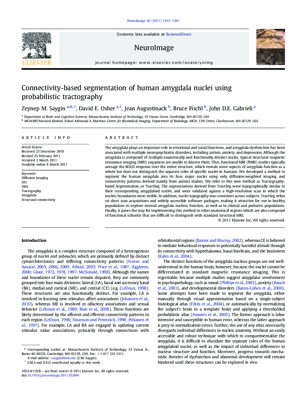 عکس صفحه اول مقاله: Connectivity-based segmentation of human amygdala nuclei using probabilistic tractography Connectivity-based segmentation of human amygdala nuclei using probabilistic tractography