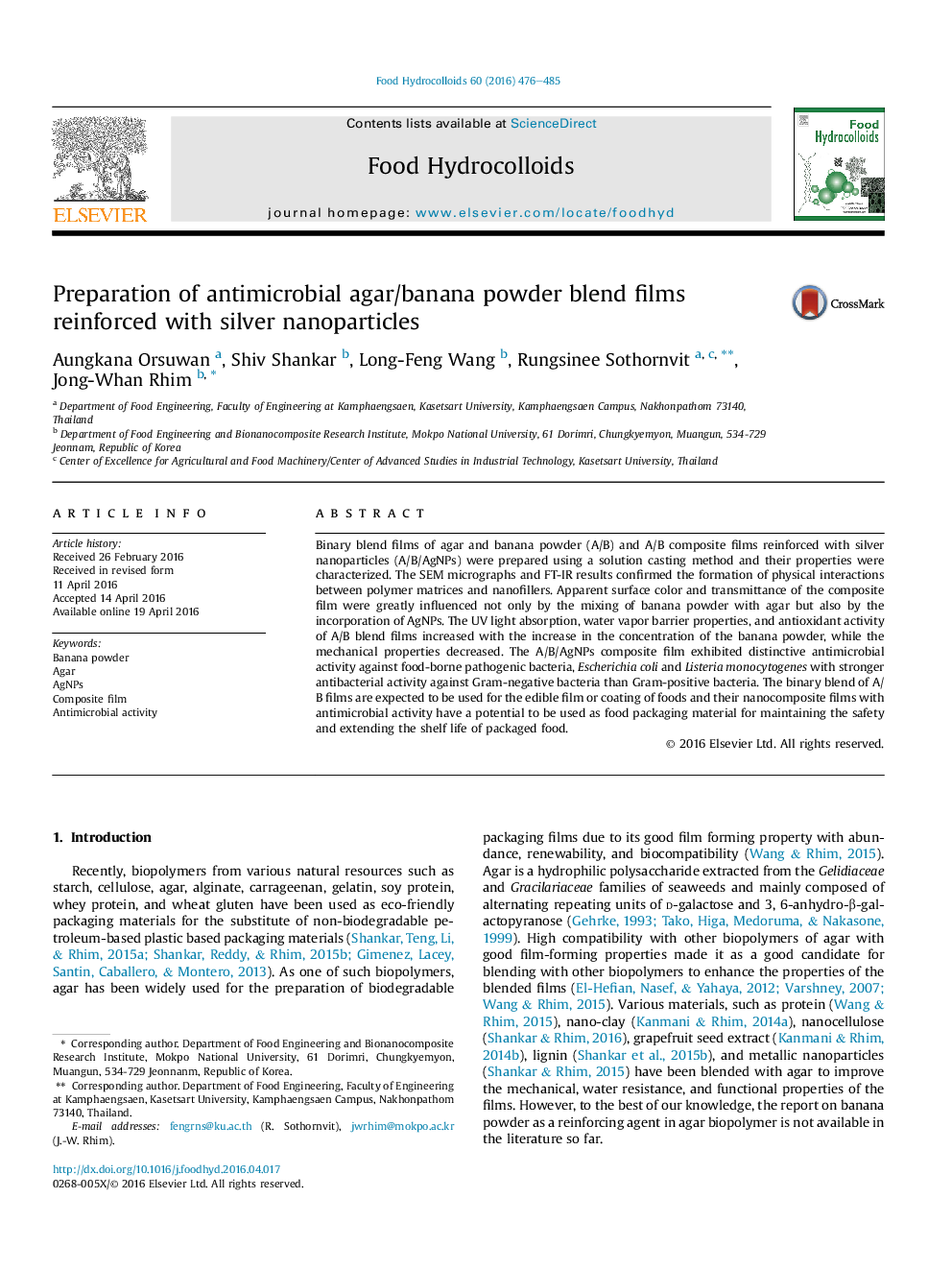 Preparation of antimicrobial agar/banana powder blend films reinforced with silver nanoparticles