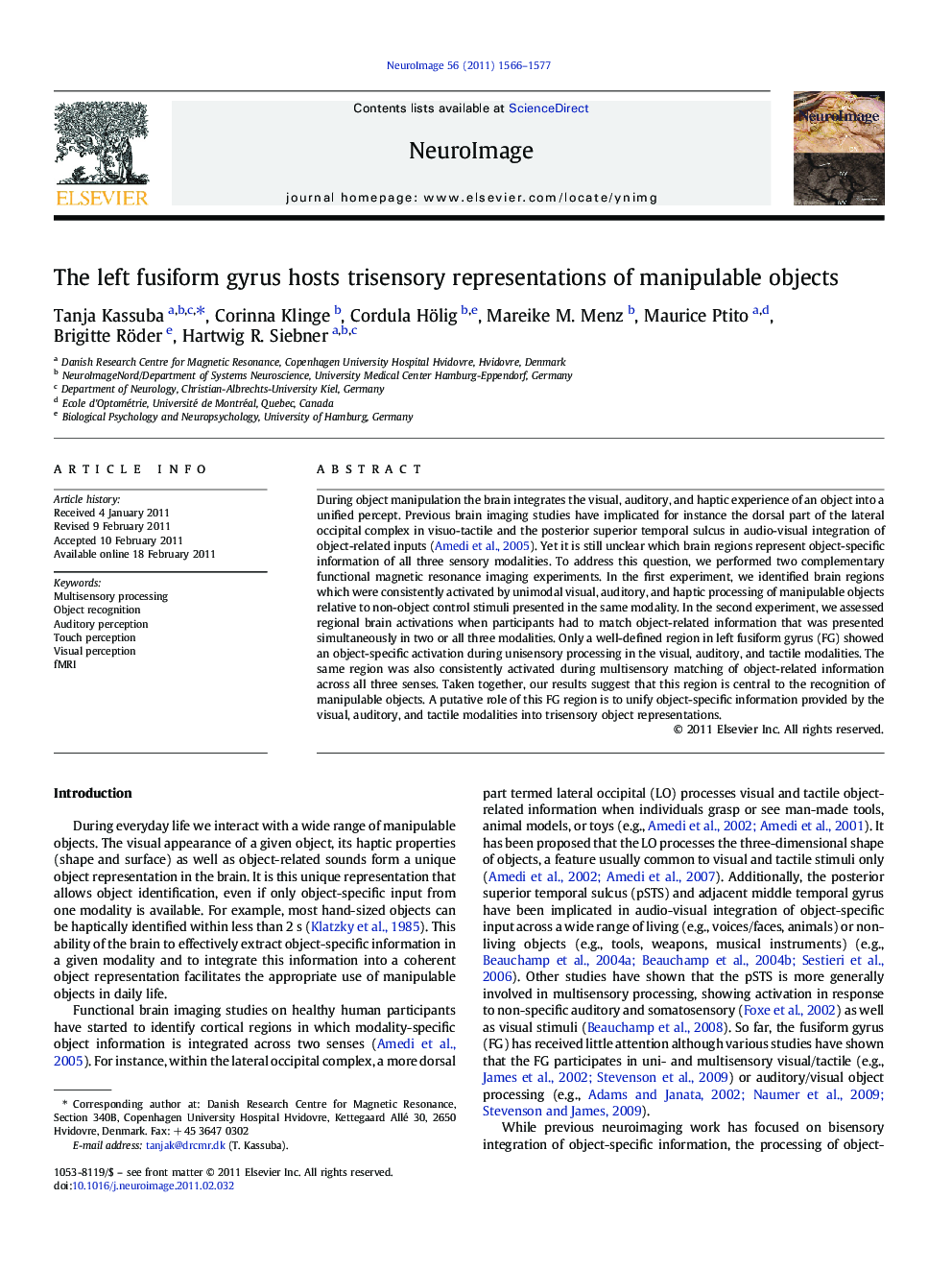 The left fusiform gyrus hosts trisensory representations of manipulable objects