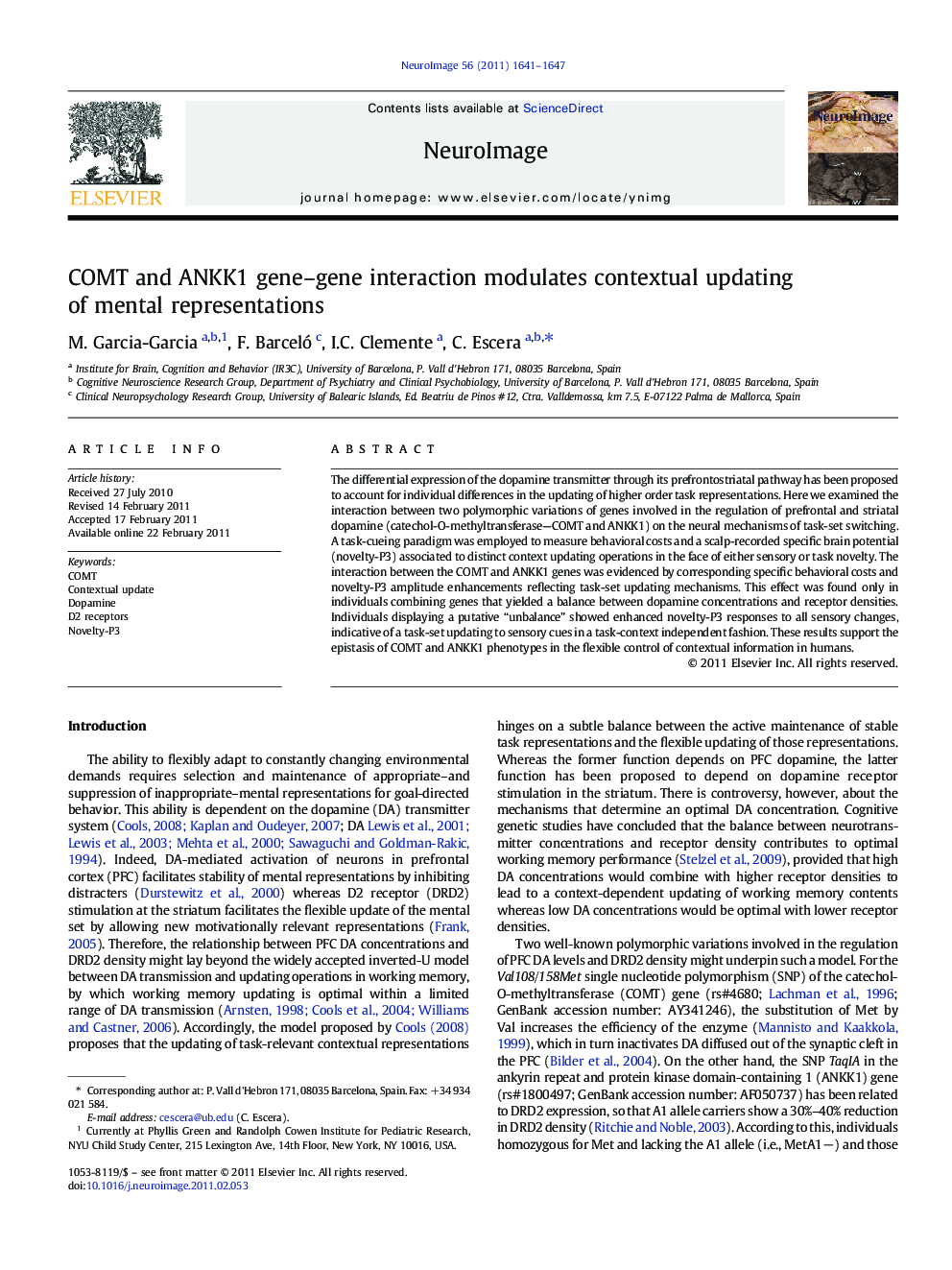 COMT and ANKK1 gene-gene interaction modulates contextual updating of mental representations