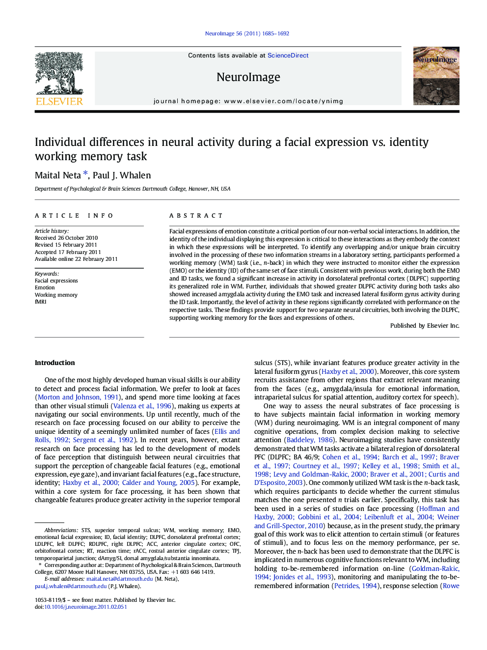 Individual differences in neural activity during a facial expression vs. identity working memory task