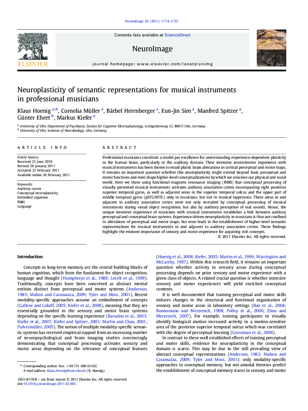 عکس صفحه اول مقاله: Neuroplasticity of semantic representations for musical instruments in professional musicians Neuroplasticity of semantic representations for musical instruments in professional musicians