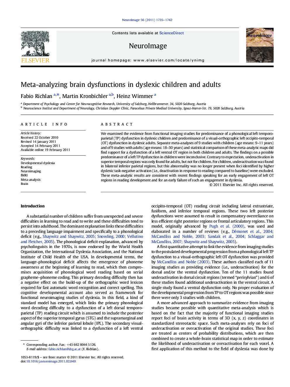 Meta-analyzing brain dysfunctions in dyslexic children and adults