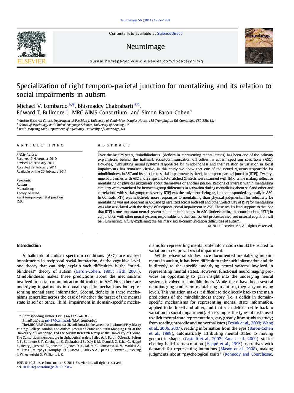 عکس صفحه اول مقاله: Specialization of right temporo-parietal junction for mentalizing and its relation to social impairments in autism Specialization of right temporo-parietal junction for mentalizing and its relation to social impairments in autism