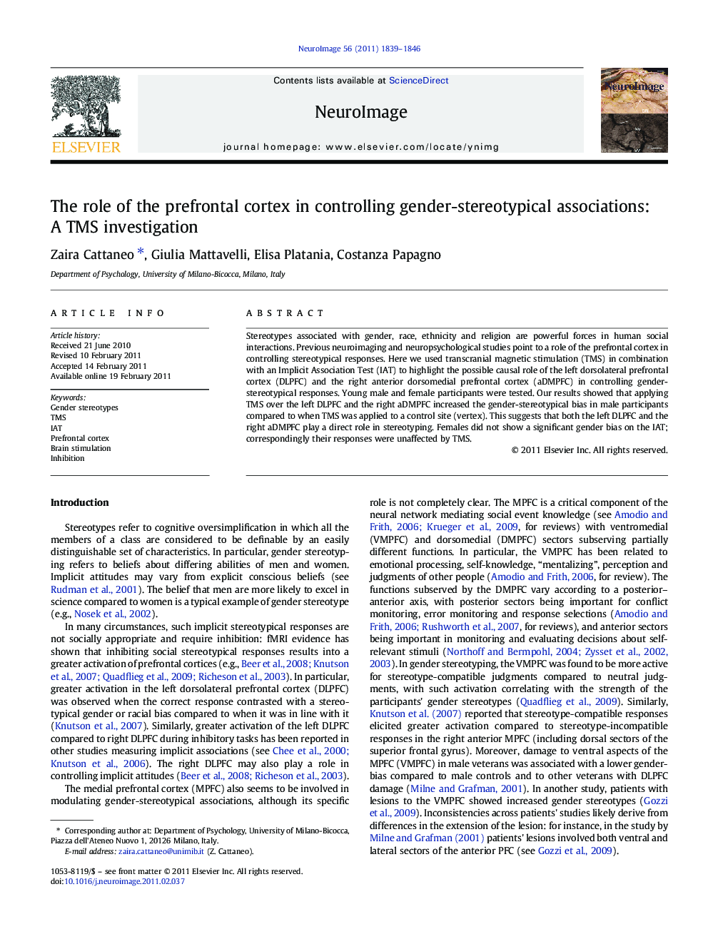 The role of the prefrontal cortex in controlling gender-stereotypical associations: A TMS investigation